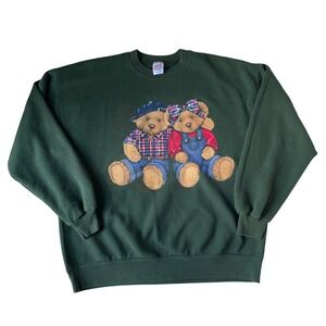 Jerzees Dark Green Teddy Bear Graphic Crewneck Sweatshirt
